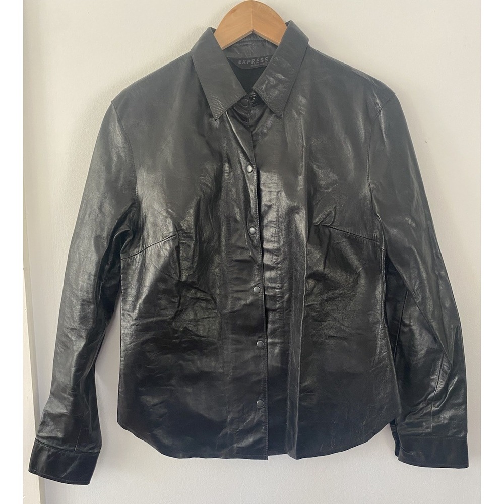 Vtg Y2K Express Leather Snap Shirt Shacket Black Medium Edgy Indie Sleeze Grunge